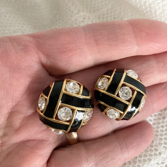 Vintage Vendome Black Enamel and Crystal Earrings - Picture 5 of 5